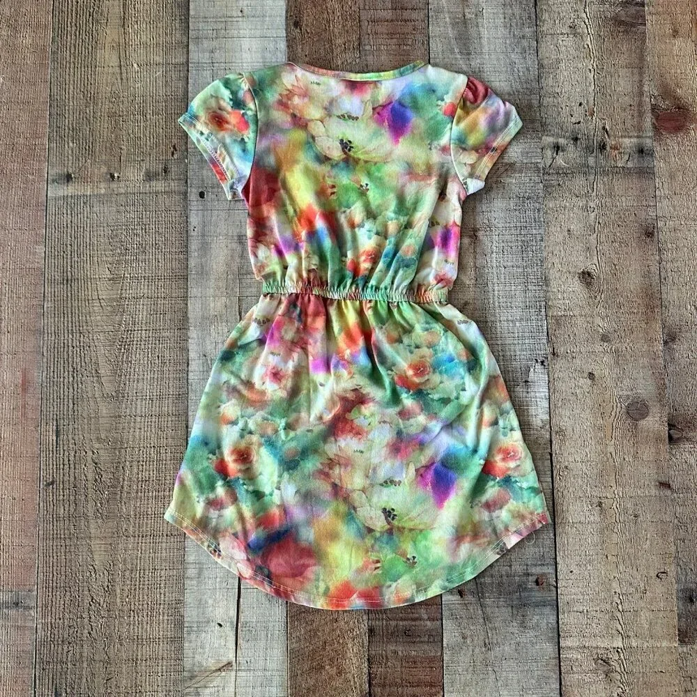 Lularoe Girls Floral Tie-Dye Dress Size 6 Elastic Waist Short Sleeve Knee Length